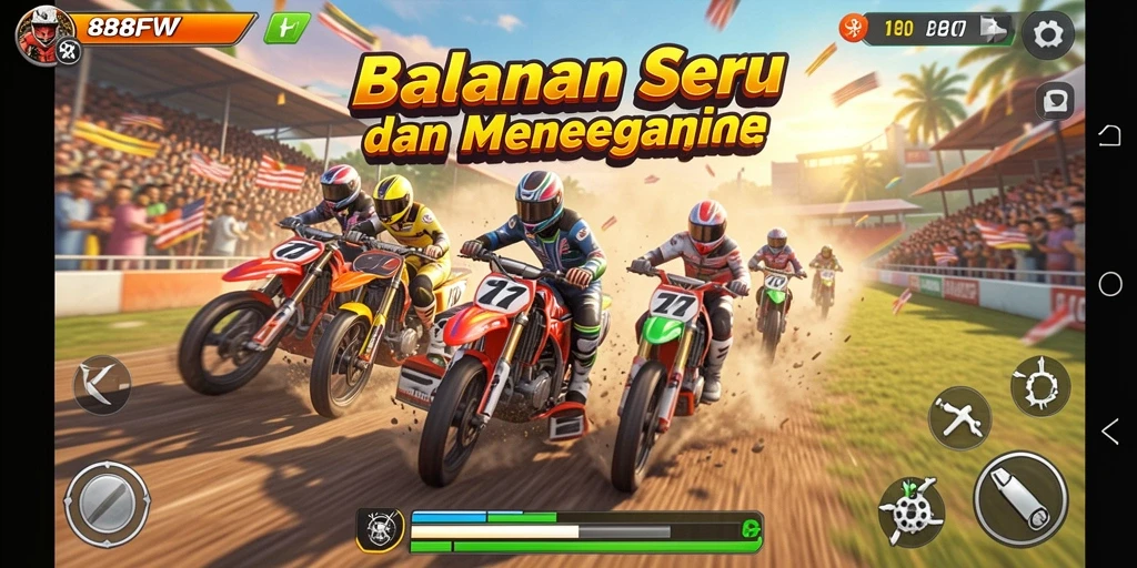 Tangkapan layar utama menampilkan aksi balapan di lintasan penuh tantangan.