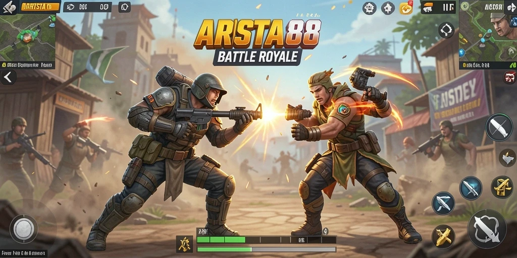 Screenshot ARISTA88 menampilkan aksi pertempuran seru dalam game Battle Royale.