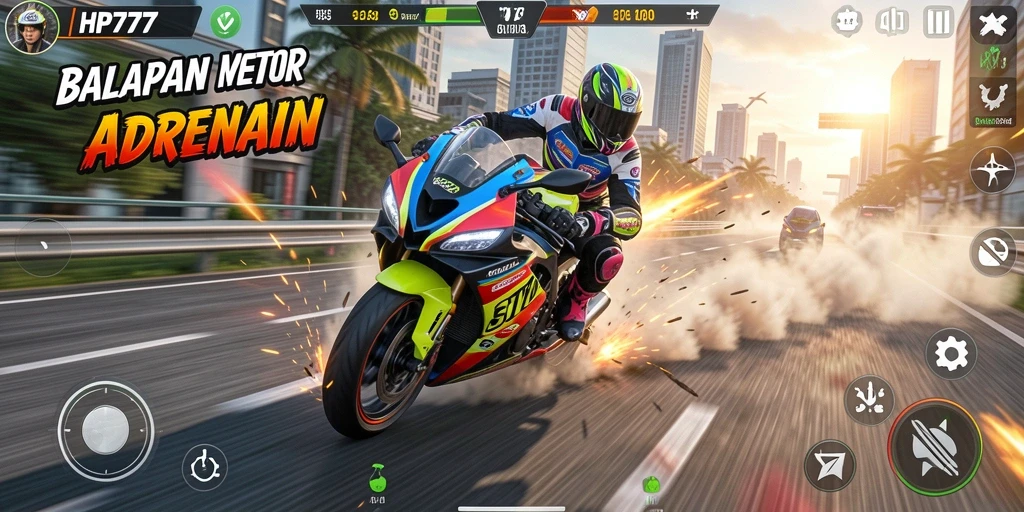 Screenshot HP777 menunjukkan intensitas balapan motor yang seru.