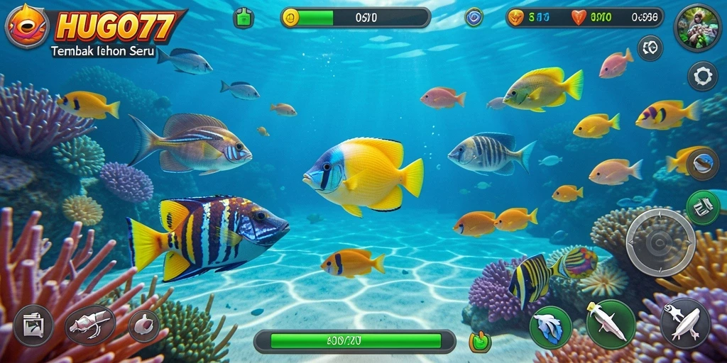 Screenshot gameplay HUGO77 menampilkan aksi tembak ikan yang seru.