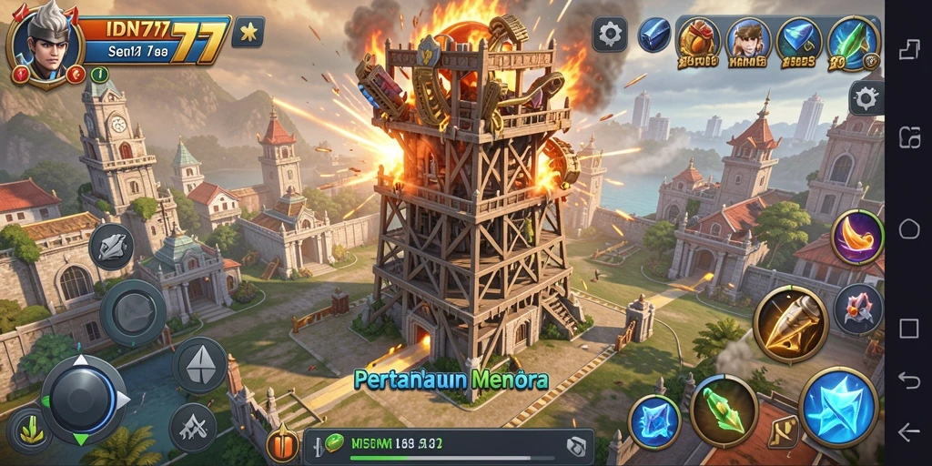 Screenshot IDN777 menunjukkan gameplay seru Tower Defense dengan menara strategis.