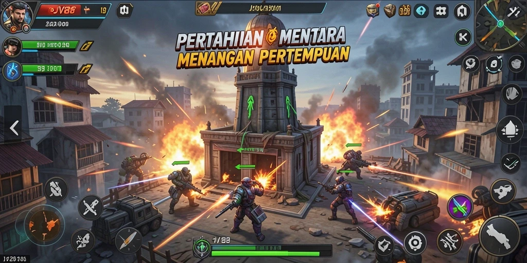Tampilan gameplay dari JV88 yang intens dalam pertempuran Tower Defense.