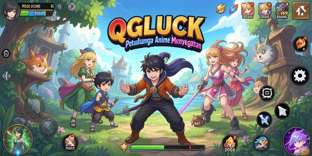 Tampilan gameplay QGLUCK yang penuh aksi dan karakter anime keren.